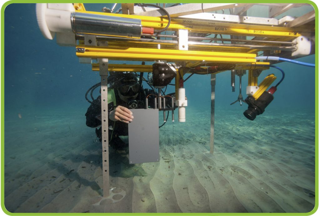 Ein Taucher arbeitet unter Wasser mit einem Gerät zur Messung der Strömungsgeschwindigkeit, des Sauerstoffs im Boden und der Bodenform im Meer.