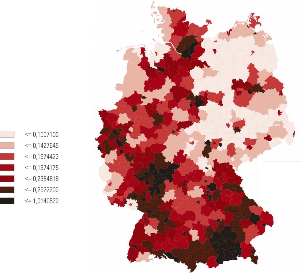 Grafik zur Zahl der Start-ups im Verhältnis zur Bevölkerung zwischen 1998 und 2000 im Bereich der ICT-Industrie in verschiedenen Regionen Deutschlands.