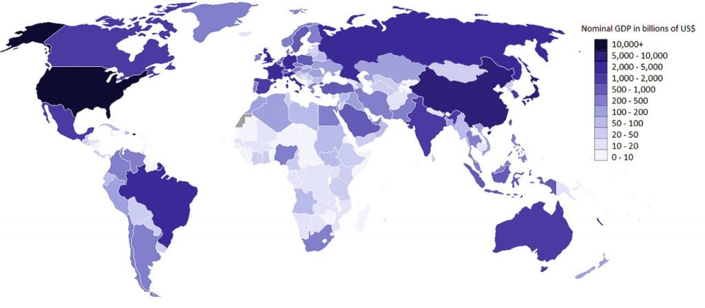 Weltkarte der Staaten nach Höhe des nominalen Bruttoinlandsproduktes (BIP), Grafik