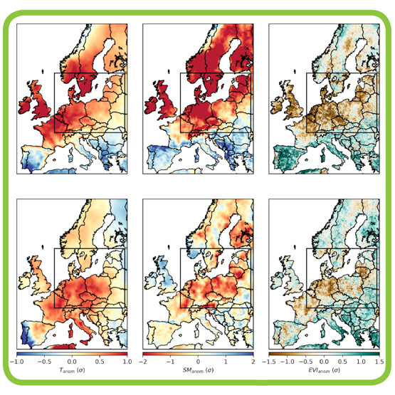 Vergleich der Sommer der Jahre 2018 (oben) und 2019 (unten) in Europa mittels einer Temperaturkarte, Grafik