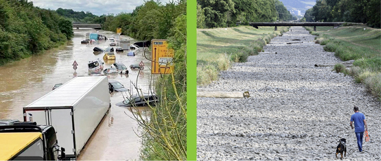 Eine Strasse im Rhein-Erft Kreisnach während Flutkatastrophe 2021 (links), ein Mann mit seinem Hund im ausgetrockneten Flussbett der Dreisam (rechts).