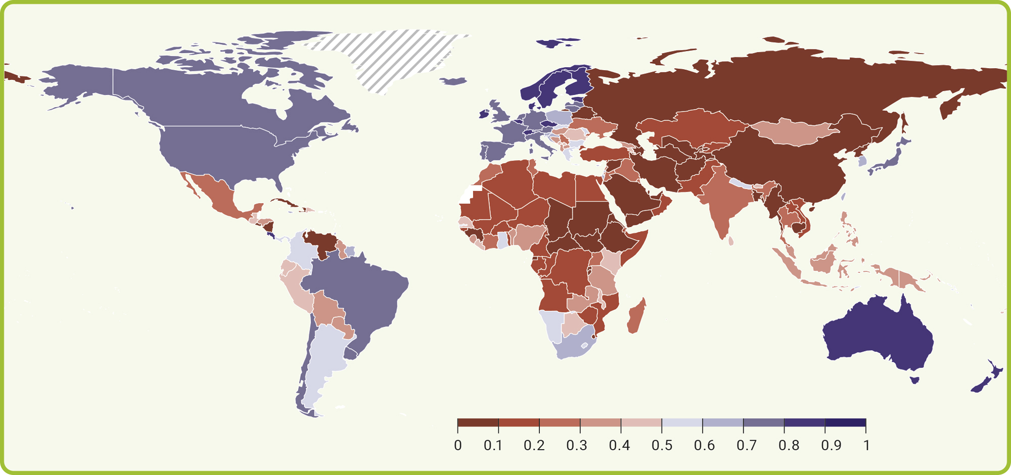 Die Abbildung zeigt eine Weltkarte mit Ländern, die mit unterschiedlichen Rot- bzw. Blautönen eingefärbt sind. Der „Liberal Democracy Index“ erfasst sowohl die wahlrechtlichen als auch die liberalen Aspekte der Demokratie (Datenlage bis Ende 2024). Blau steht für überwiegend demokratische Systeme, Rot für zunehmend autokratisch regierte Länder. Demokratische Länder sind beispielsweise in Westeuropa und Nordamerika sowie in einigen Teilen Ostasiens, des Pazifikraums und Südamerikas häufiger zu finden. Der Nahe Osten, Süd- und Zentralasien sowie große Teile von Afrika werden von eher autokratischen Ländern dominiert.