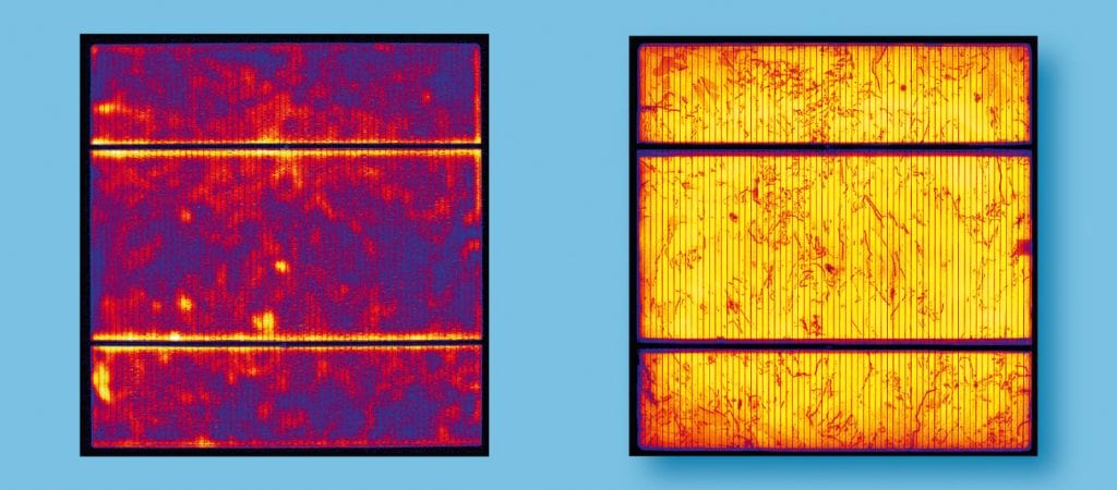 Lock-in-Thermogramm und Lumineszenzbild eines Solarpanels Lock-in-Thermogramm und Lumineszenzbild eines Solarpanels