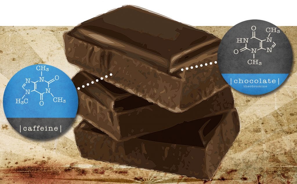 Illustration von Schokoladenstücken mit Molekülstrukturen von Koffein und Schokolade