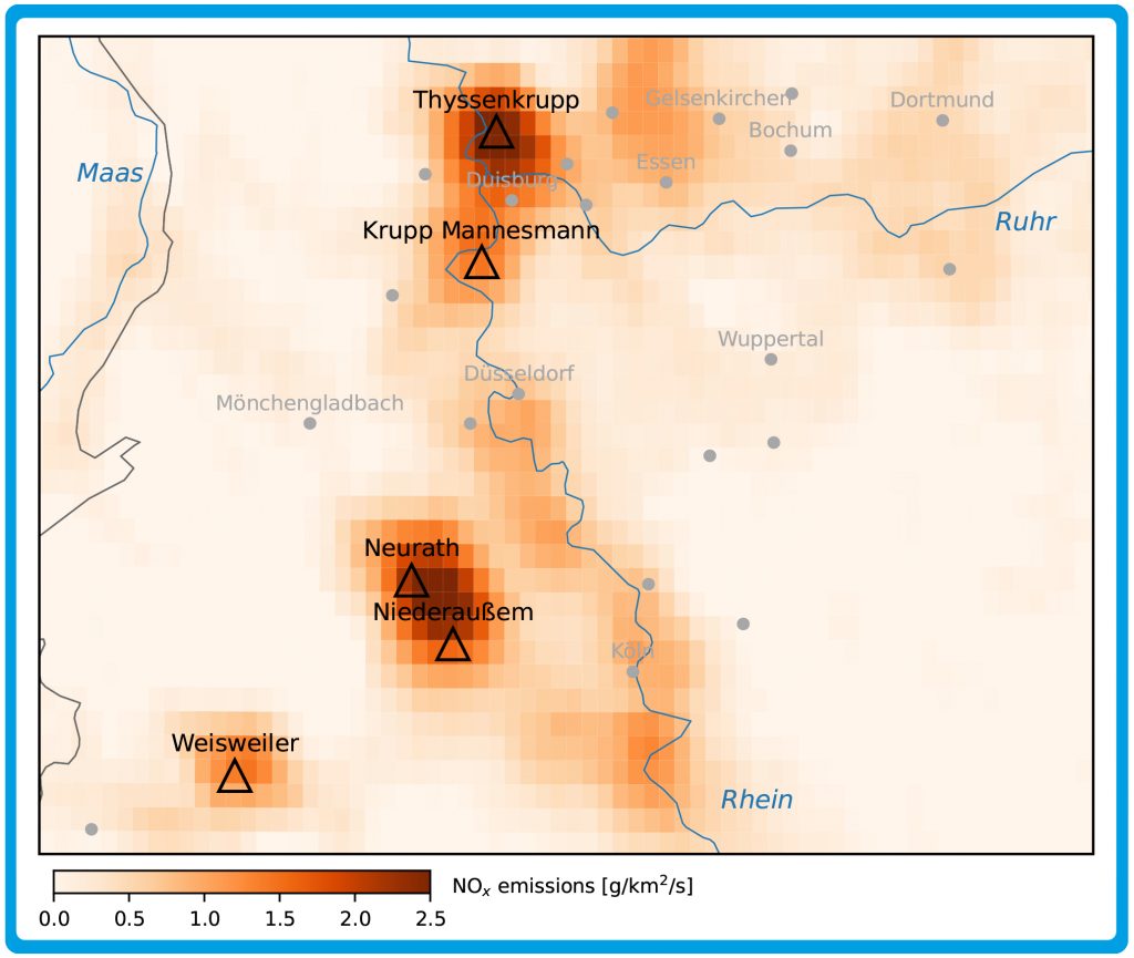 Die Karte zeigt die von TROPOMI ermittelte NOx-Emissionen für das Rhein/Ruhrgebiet.