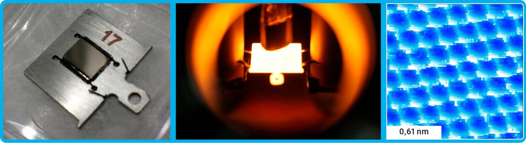 Drei Bilder: Links: Metallprobe (Niob) auf Halter mit Nummer 17; Mitte: Probe wird in Kammer hoch erhitzt; Rechts: hochaufgelöste Aufnahme des Niob-Kristalls im Nanometerbereich.